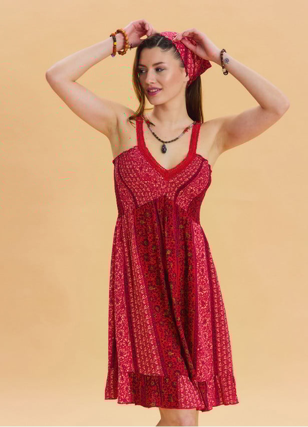 Strap Lace Collar Red Floral Dress 4574